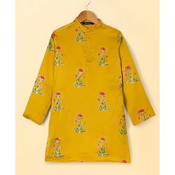 Pine Kids Woven Full Sleeves Kurta Pyjama Set with Full Length and Flower Print in Golden for 4-5 Years