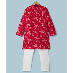 Pine Kids Woven Full Sleeves Floral Printed Kurta & Pyjama Set - Red