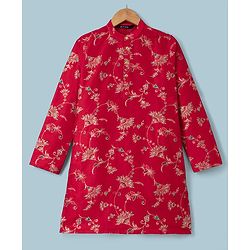 Pine Kids Woven Full Sleeves Floral Printed Kurta & Pyjama Set - Red