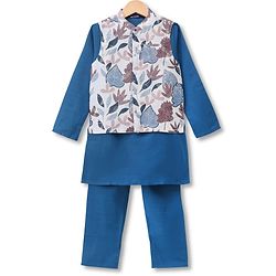 Pine Kids Woven Full Sleeves Kurta & Pyjama Set With Floral Printed Jacket - Teal Blue