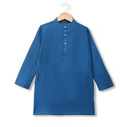 Pine Kids Woven Full Sleeves Kurta & Pyjama Set With Floral Printed Jacket - Teal Blue