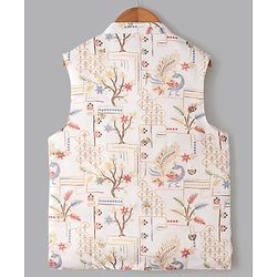 Pine Kids Woven Kurta Pyjama Set and Jacket with Full Sleeves and Peacock Print in Light Green