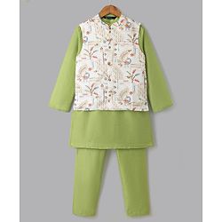 Pine Kids Woven Kurta Pyjama Set and Jacket with Full Sleeves and Peacock Print in Light Green