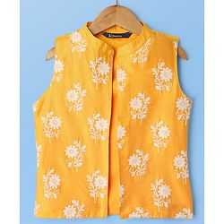 Pine Kids Woven Full Sleeves Kurta & Pyjama Set With Floral Embroidered Jacket - White & Mustard