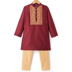 Pine Kids Woven Full Sleeves Kurta & Pyjama Set with Floral Print in Maroon