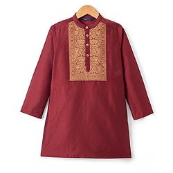 Pine Kids Woven Full Sleeves Kurta & Pyjama Set with Floral Print in Maroon