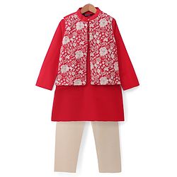 Pine Kids Woven Full Sleeves Kurta & Pajama Set With Embroidered Jacket - Red