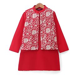 Pine Kids Woven Full Sleeves Kurta & Pajama Set With Embroidered Jacket - Red