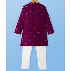 Pine Kids Woven Full Sleeves Kurta Pyjama Set With Floral Print - Wine