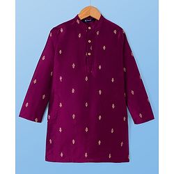 Pine Kids Woven Full Sleeves Kurta Pyjama Set With Floral Print - Wine
