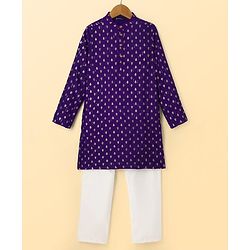 Pine Kids Woven Full Sleeves Kurta Pyjama Set with Full Length and Foil Print in Violet for 4-5 Years