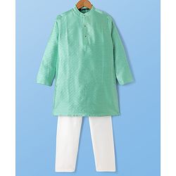 Pine Kids Woven Full Sleeves Kurta Pyjama Set With Self Texture Work - Aqua Blue