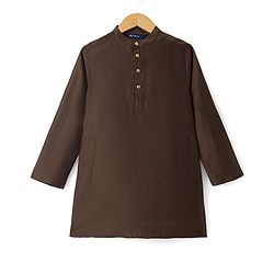 Pine Kids Woven Full Sleeves Kurta Pyjama and Jacket Set with Paisley and Floral Vines Embroidery in Brown