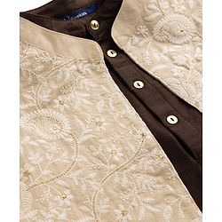 Pine Kids Woven Full Sleeves Kurta Pyjama and Jacket Set with Paisley and Floral Vines Embroidery in Brown
