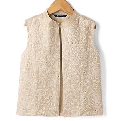 Pine Kids Woven Full Sleeves Kurta Pyjama and Jacket Set with Paisley and Floral Vines Embroidery in Brown