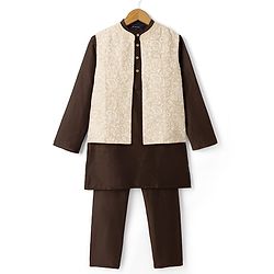 Pine Kids Woven Full Sleeves Kurta Pyjama and Jacket Set with Paisley and Floral Vines Embroidery in Brown