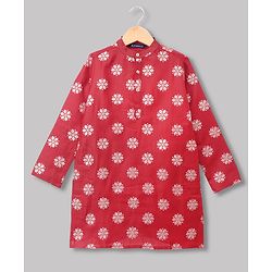 Pine Kids Woven Full Sleeves Kurta and Pyjama Set with Floral Print in Red