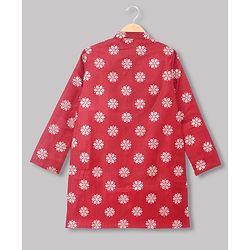 Pine Kids Woven Full Sleeves Kurta and Pyjama Set with Floral Print in Red