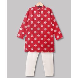 Pine Kids Woven Full Sleeves Kurta and Pyjama Set with Floral Print in Red