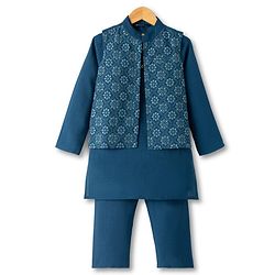 Pine Kids Woven Full Sleeves Kurta Pyjama Set and Jacket with Geometric Floral Pattern Embroidery - Navy Blue