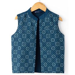 Pine Kids Woven Full Sleeves Kurta Pyjama Set and Jacket with Geometric Floral Pattern Embroidery - Navy Blue