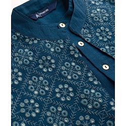 Pine Kids Woven Full Sleeves Kurta Pyjama Set and Jacket with Geometric Floral Pattern Embroidery - Navy Blue