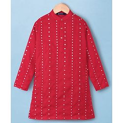 Pine Kids Woven Kurta Pyjama Set with Full Sleeves and Dot Sequins in Red