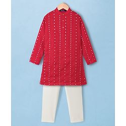 Pine Kids Woven Kurta Pyjama Set with Full Sleeves and Dot Sequins in Red