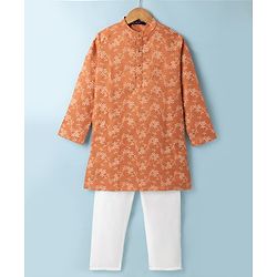 Pine Kids Woven Full Sleeves Kurta Pyjama Set with Floral Print in Light Peach