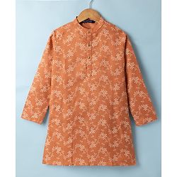 Pine Kids Woven Full Sleeves Kurta Pyjama Set with Floral Print in Light Peach