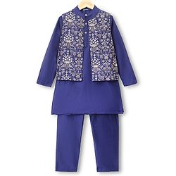 Pine Kids Woven Full Sleeves Kurta Pyjama Set with Jacket Full Length and Floral Pattern Print in Purple