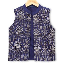 Pine Kids Woven Full Sleeves Kurta Pyjama Set with Jacket Full Length and Floral Pattern Print in Purple