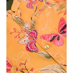 Pine Kids Woven Kurta, Pajama and Jacket with Full Sleeves and Flowers and Butterflies Print in Olive Green for 4-5 Years