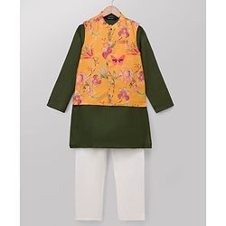 Pine Kids Woven Kurta, Pajama and Jacket with Full Sleeves and Flowers and Butterflies Print in Olive Green for 4-5 Years