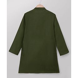 Pine Kids Woven Kurta, Pajama and Jacket with Full Sleeves and Flowers and Butterflies Print in Olive Green for 4-5 Years