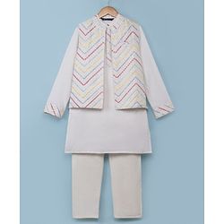 Pine Kids Woven Kurta Pyjama Set with Full Sleeves Jacket and Chevron Sequins in White