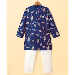 Pine Kids Woven Kurta Pyjama Set with Full Sleeves and Vine Embroidery in Blue for 4-5 Years