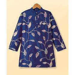 Pine Kids Woven Kurta Pyjama Set with Full Sleeves and Vine Embroidery in Blue for 4-5 Years