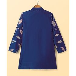 Pine Kids Woven Kurta Pyjama Set with Full Sleeves and Vine Embroidery in Blue for 4-5 Years