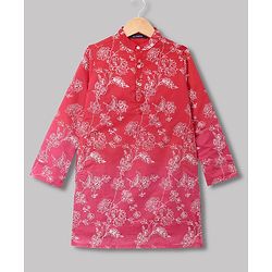 Pine Kids Woven Full Sleeves Kurta and Pyjama with Floral Print in Red for 4-5 Years