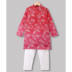 Pine Kids Woven Full Sleeves Kurta and Pyjama with Floral Print in Red for 4-5 Years