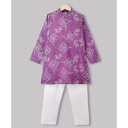Pine Kids Woven Full Sleeves Kurta Pyjama Set with Full Length and Floral Print in Lilac for 4-5 Years
