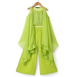 Pine Kids Woven Sleeveless Ethnic Top and Palazzo and Ethnic Jacket with Full Length and Floral Sequins in Light Green
