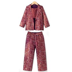 Pine Kids Woven Full Sleeves Indo western Sets Ethnic Top, Palazzo and Ethnic Jacket with Full Length and Floral Print in Dark Pink