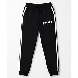 Pine Active Cotton Knit Full Length Solid Coloured Runner Printed Track Pant - Black