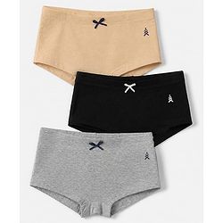Pine Kids Cotton Lycra Knit Solid Panties Bow Detailing Pack of 3 - Brown Grey & Black
