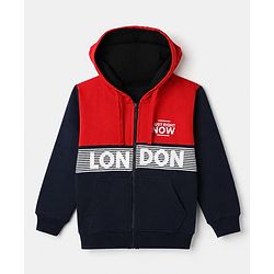 Pine Kids Cotton Mix Knit Sweatshirt with Full Sleeves and London Slogan Print in Navy Blue