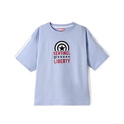Pine Kids Marvel 100% Cotton Single Jersey Knit T-Shirts with Half Drop Shoulder Sleeves and Front & Back Captain America Print - Light Blue