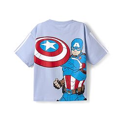 Pine Kids Marvel 100% Cotton Single Jersey Knit T-Shirts with Half Drop Shoulder Sleeves and Front & Back Captain America Print - Light Blue