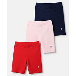 Pine Kids Cotton Lycra Knit Above Knee Length Solid Cycling Shorts Pack of 3 - Red Light Pink Black